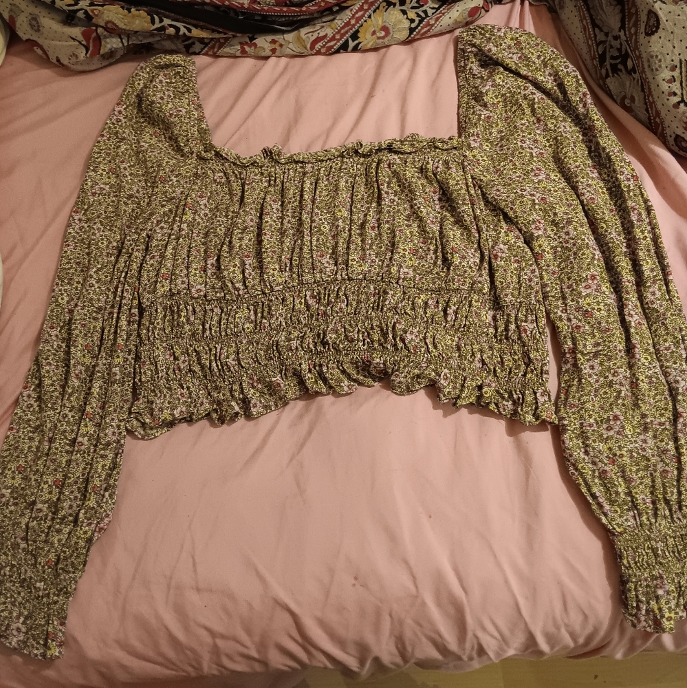 H&M Green Floral Smocked Blouse